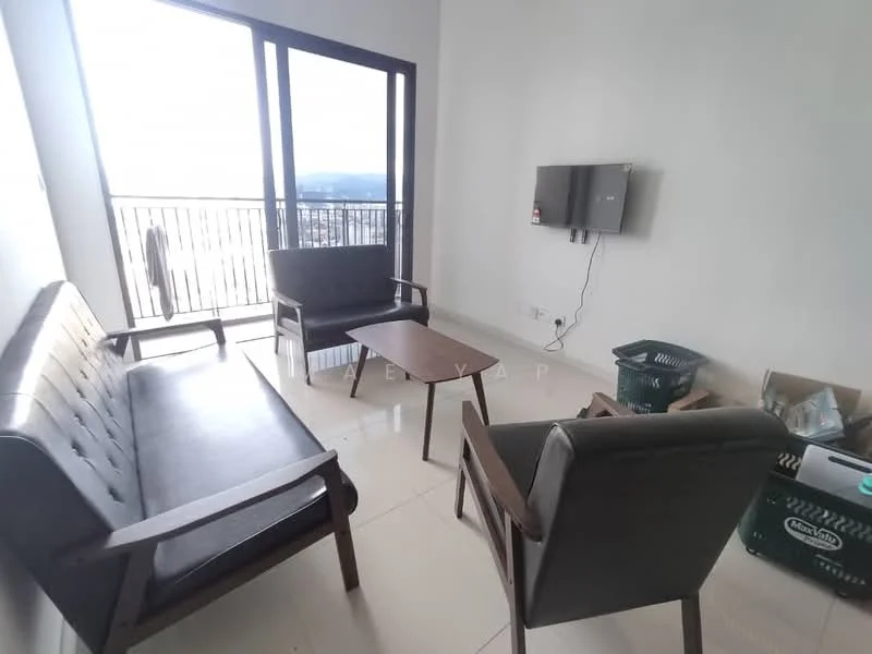 Living features: floor-to-ceiling windows, grey tiled flooring, 2-seater fabric sofa in dark grey, 3-seater fabric sofa in dark grey, wooden coffee table, wall-mounted TV, black TV console, plastic storage basket, city view from windows; style: modern; view: city.