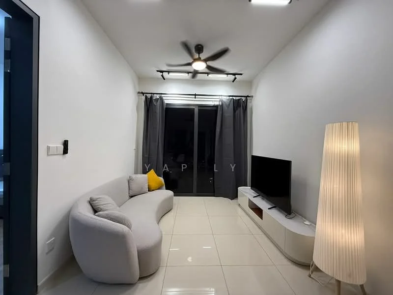 Living features: curved fabric sofa in white, floor-mounted TV console in white, wall-mounted TV, white painted walls, glossy tile flooring, 5-blade ceiling fan with light, curtains in dark grey, sliding glass door, decorative floor lamp; style: modern.