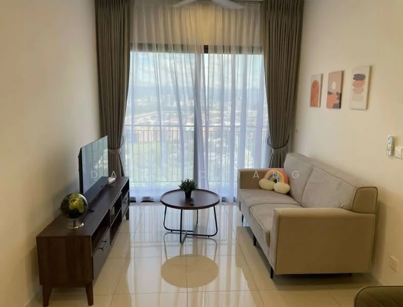 Living features: 3-seater fabric sofa in beige, wooden coffee table, TV console, wall-mounted TV, floor-to-ceiling windows, sheer curtains, decorative wall art, ceramic plant pot, globe decor, polished tile flooring, recessed downlights, curtains with tiebacks; style: modern; view: city.