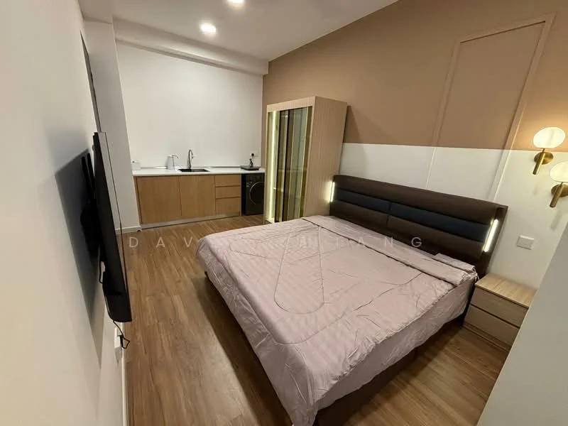 Bedroom features: king-size bed with upholstered headboard, wooden bedside tables, wall-mounted TV, built-in wardrobe with glass doors, kitchenette with sink, wood cabinetry, recessed ceiling lights, laminate flooring, neutral painted walls, decorative wall sconce; style: modern.