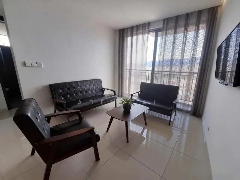 Living features: black leather sofa, 2-seater fabric sofa, wooden coffee table, floor-to-ceiling windows, curtains, wall-mounted TV, white painted walls, glossy tile flooring, mountain view; style: modern; view: mountain.