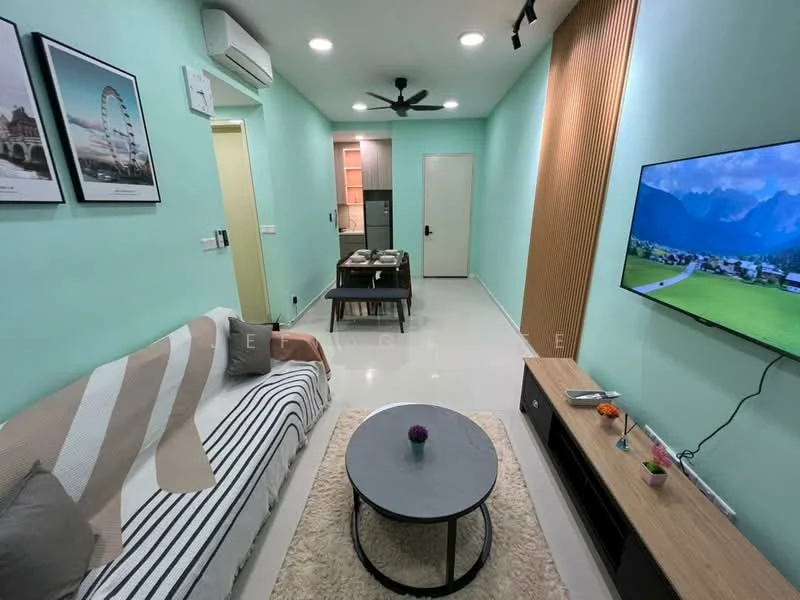 Living features: light green painted walls, white ceiling, 5-blade ceiling fan with light, wall-mounted TV, TV console in wood finish, round coffee table, area rug, sofa with striped throw, decorative plant on coffee table, artwork on walls, laminate flooring, air conditioning unit; style: modern.