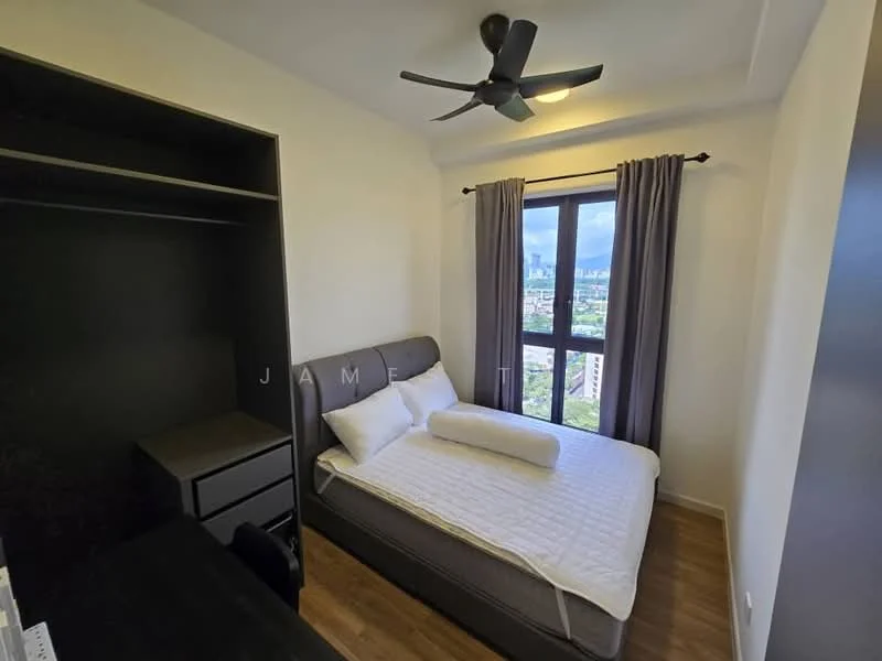 Bedroom features: queen-size bed, upholstered headboard, white bedding, black bedside table, built-in wardrobe with sliding doors, floor-to-ceiling window, grey curtains, ceiling fan with light, wooden flooring; style: modern; view: city.
