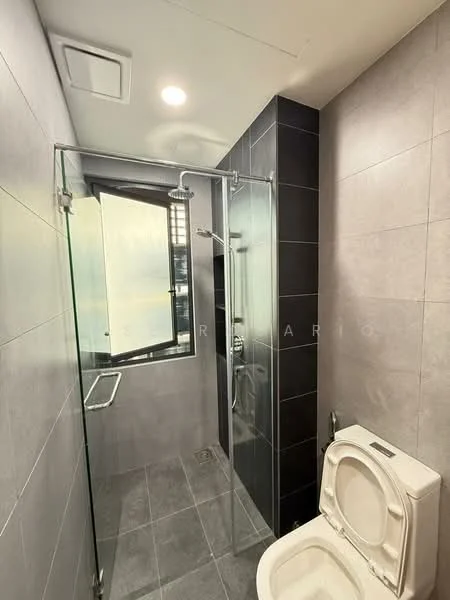Bathroom features: glass shower enclosure, rain shower head, handheld shower, grey ceramic tile flooring, grey wall tiles, white toilet, window for natural light, chrome shower controls, sliding glass door, recessed ceiling lights; style: modern.