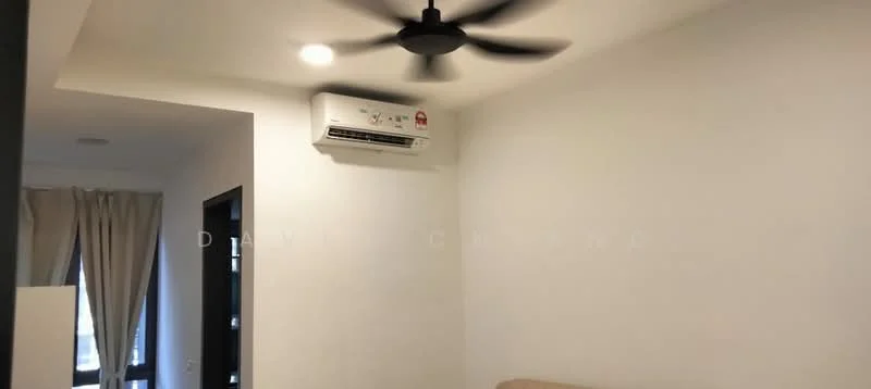 Room features: white painted walls, ceiling fan, wall-mounted split AC, curtains, floor-to-ceiling windows.