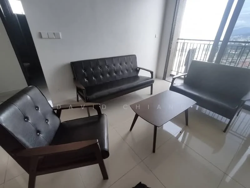 Living features: 2 black leather sofas with tufted design, wooden coffee table, glossy tiled flooring, floor-to-ceiling windows, city view through windows, neutral painted walls, light curtains, modern minimalist style; style: modern; view: city.