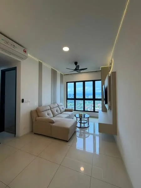 Living features: 3-seater fabric sofa in beige, glass coffee table, wall-mounted TV, floor-to-ceiling windows, city view, recessed LED downlights, ceiling fan, white painted walls, glossy tile flooring, air conditioning unit; style: modern; view: city.