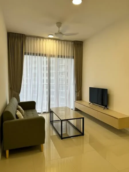 Living features: 3-seater fabric sofa in green, coffee table with black metal frame, wall-mounted TV, floor-to-ceiling windows, sheer curtains, recessed downlights, ceiling fan, light-colored walls, glossy tile flooring; style: modern.