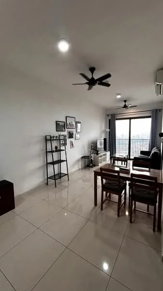 Living features: white painted walls, polished ceramic tile flooring, 2 ceiling fans, sofa, coffee table, TV console, wall-mounted TV, dining table with 4 chairs, bookshelf, curtains, floor-to-ceiling windows, city view; style: modern; view: city.