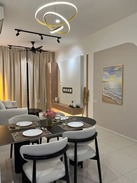 Dining features: round dining table, 4 upholstered dining chairs, white tableware, decorative flower arrangement, wall-mounted mirror, framed artwork with beach scene, light wood cabinetry, recessed ceiling lights, 5-blade ceiling fan, curtains in neutral color, white tiled flooring; style: modern. Living features: 3-seater fabric sofa in light color, wall-mounted TV, decorative wall panel, floor lamp, area rug, light wood shelving unit; style: modern.