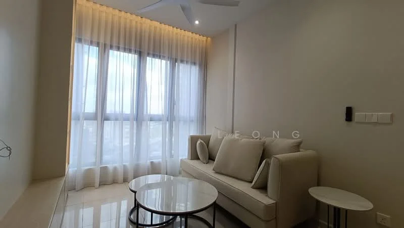 Living features: floor-to-ceiling windows, sheer curtains, 3-seater fabric sofa in cream, round coffee table with glass top, small side table, recessed downlights, light-coloured walls, polished tile flooring, ceiling fan; style: modern; view: city.