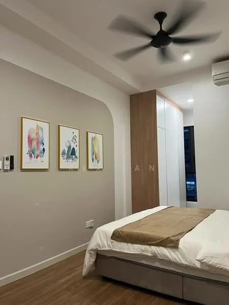 Bedroom features: queen-size bed, upholstered headboard, bedside lamps, wall-mounted artwork, built-in wardrobe, 5-blade ceiling fan with light, wall-mounted air conditioning unit, wooden flooring, neutral painted walls, window with city view; style: modern; view: city.