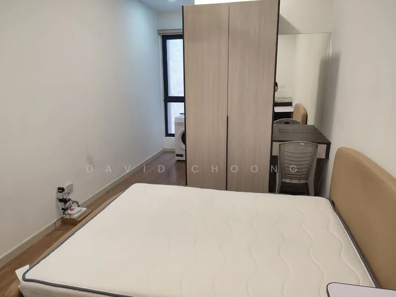 Bedroom features: wooden flooring, white painted walls, queen-size bed frame without mattress, built-in wardrobe with sliding doors, study desk with chair, window with natural light, washing machine visible, minimalist decor; style: modern.