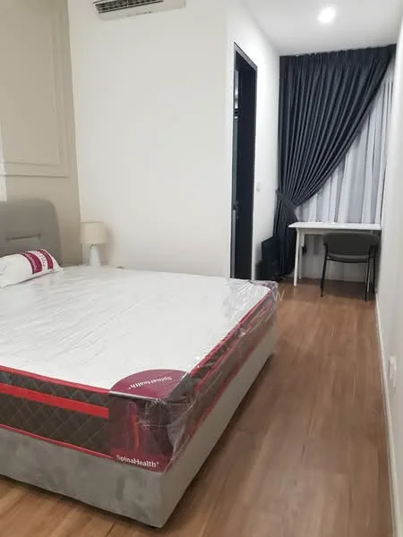 Bedroom features: queen-size bed with mattress protector, wooden flooring, white painted walls, blackout curtains, desk with chair, table lamp, wall-mounted split AC, built-in wardrobe, window with sheer curtains; style: modern.