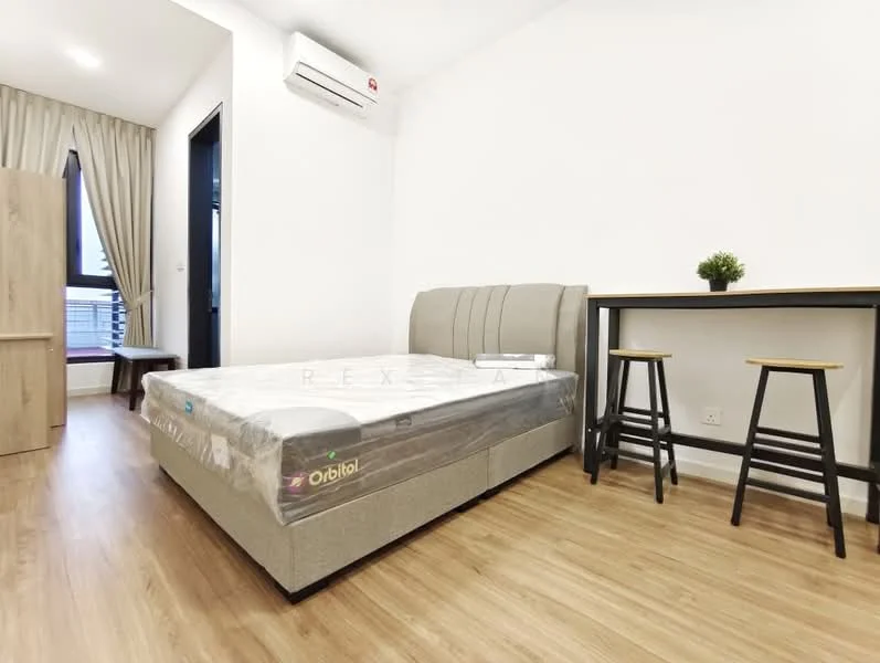 Bedroom features: queen-size bed with upholstered headboard, wooden flooring, white painted walls, 1 wall-mounted split AC, black desk with two stools, small potted plant on desk, curtains on window, built-in wardrobe, floor-to-ceiling window; style: modern.