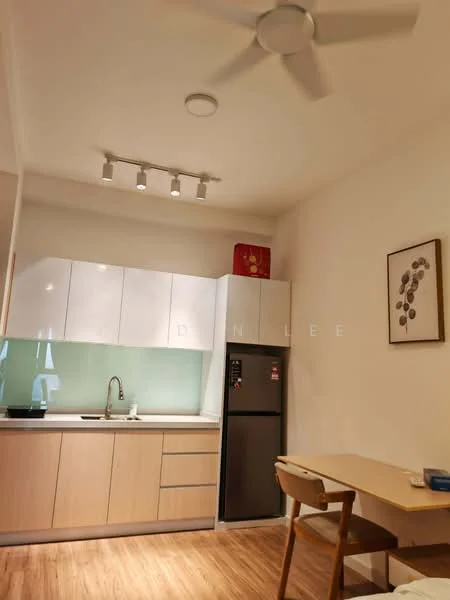 Kitchen features: white upper cabinets, light wood lower cabinets, single-bowl stainless-steel sink, chrome pull-down faucet, black fridge, light green backsplash, track lighting, wooden flooring, table with wooden legs, chair with wooden legs; style: modern.