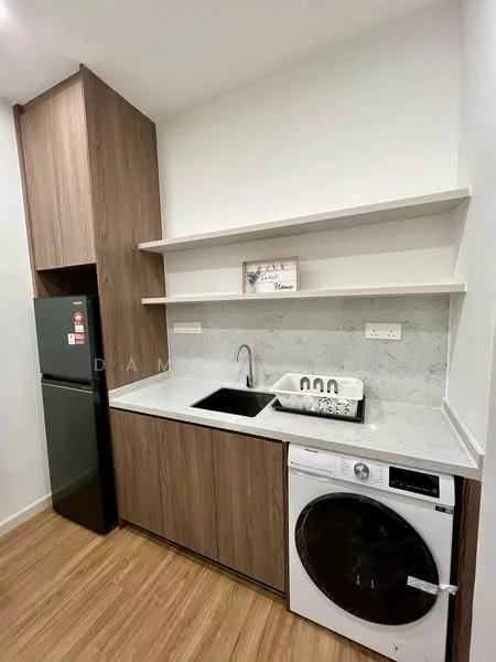 Kitchen features: stainless-steel fridge, single-bowl stainless-steel sink, chrome pull-down faucet, white countertop with grey veining, wood cabinetry, open shelving, built-in washing machine, vinyl plank flooring; style: modern.