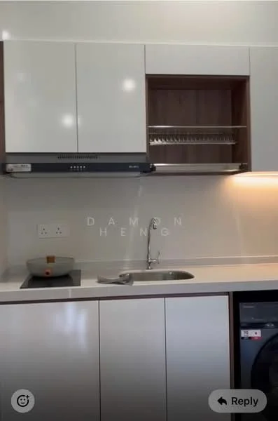 Kitchen features: white cabinetry, wooden open shelving, stainless-steel sink, chrome faucet, built-in stove, built-in oven, washing machine, light-colored countertop, under-cabinet lighting; style: modern.