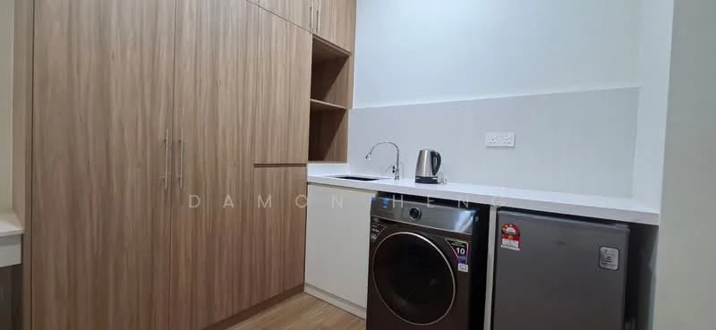 Laundry features: wood cabinetry, white countertop, built-in shelving, front-load washing machine, stainless-steel kettle, stainless-steel fridge, laminate flooring, white walls; style: modern.