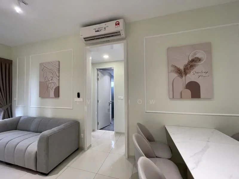 Living features: grey fabric sofa, marble dining table, 4 upholstered dining chairs, white painted walls, recessed downlights, wall-mounted air conditioning unit, framed artwork on walls, tile flooring; style: modern. Room features: white painted walls, doorway leading to hallway, tile flooring.
