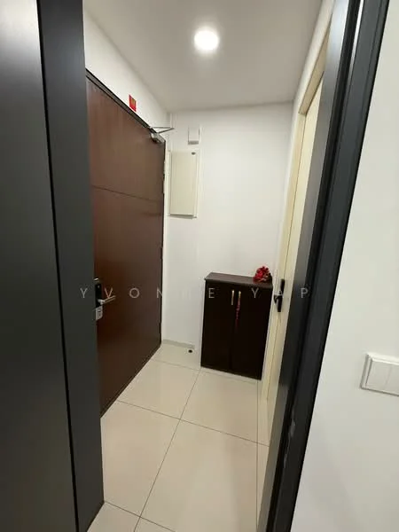 Room features: white painted walls, light-colored tiled flooring, wooden door, dark wood cabinet, modern light fixture, door handle, wall-mounted intercom, baseboard, corner wall; style: modern.