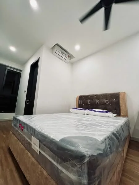 Bedroom features: king-size bed, upholstered headboard, wall-mounted split AC, recessed LED downlights, 5-blade ceiling fan, wooden flooring, white painted walls, black framed window; style: modern.