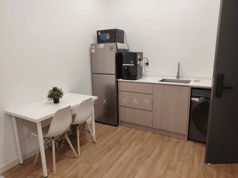 Kitchen features: stainless-steel fridge, built-in microwave, single-bowl stainless-steel sink, chrome pull-down faucet, laminate countertop, wood cabinetry, washing machine, 4-seater dining table, white dining chairs, wood laminate flooring; style: modern.