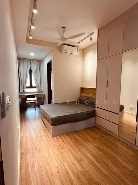 Bedroom features: queen-size bed with grey bedding, wooden headboard, built-in wardrobe with sliding mirror doors, study desk, chair, 5-blade ceiling fan, wall-mounted split AC, wood laminate flooring, white painted walls, curtains, recessed lighting; style: modern.