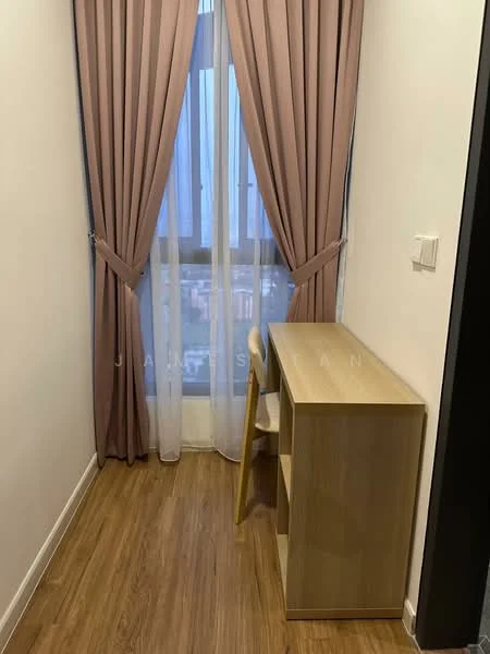 Room features: wooden flooring, light pink curtains, sheer white curtains, window with city view, wooden desk, open shelving unit, chair, neutral wall color; style: modern; view: city.