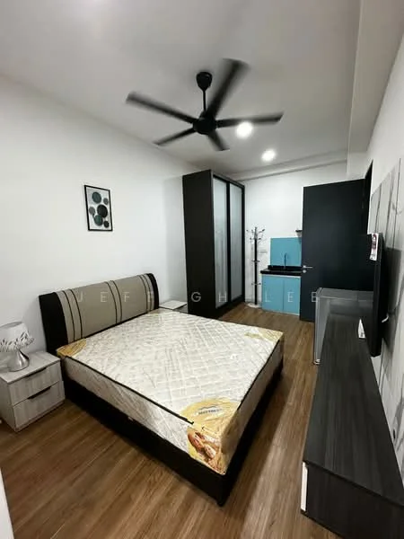 Bedroom features: queen-size bed, upholstered headboard, 2 bedside tables, black ceiling fan, wooden flooring, built-in wardrobe with sliding doors, wall-mounted TV console, decorative wall art, blue accent furniture, white walls; style: modern.