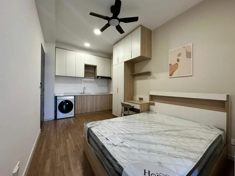 Bedroom features: queen-size bed, upholstered headboard, wooden flooring, ceiling fan with light, built-in wardrobe, kitchenette with cabinets, stainless-steel sink, built-in oven, front-load washing machine, wall-mounted artwork, study desk, light-colored walls; style: modern.