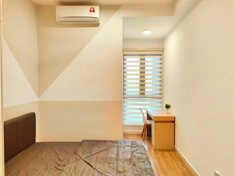 Bedroom features: queen-size bed with grey bedding, wooden flooring, white painted walls, accent wall with geometric design, floor-to-ceiling window with roller blinds, study desk with chair, wall-mounted air conditioning unit, LED ceiling light; style: modern.