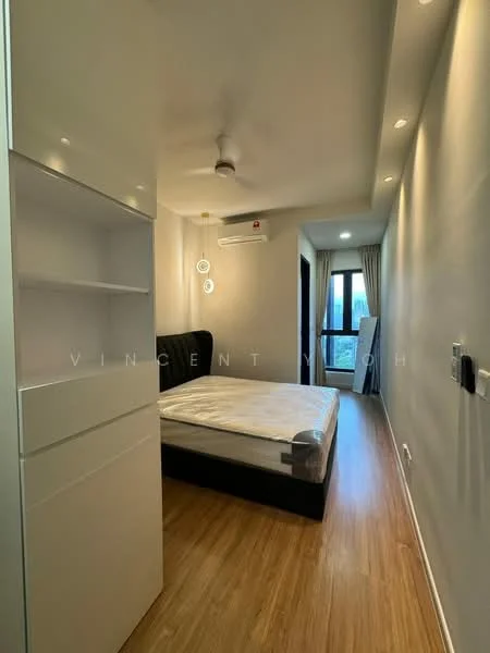 Bedroom features: wooden flooring, white painted walls, ceiling fan, wall-mounted air conditioning unit, black upholstered headboard, queen-size bed, built-in wardrobe with sliding doors, window with curtains, decorative wall lights; style: modern; view: city.