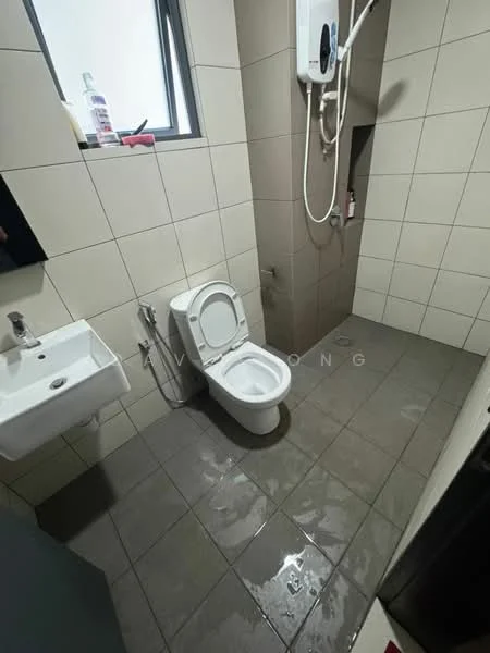 Bathroom features: white ceramic toilet, single-sink vanity with wall-mounted faucet, shower with wall-mounted showerhead, grey ceramic tile flooring, beige wall tiles, mirror above sink, soap dispenser on sink, window for natural light; style: modern.