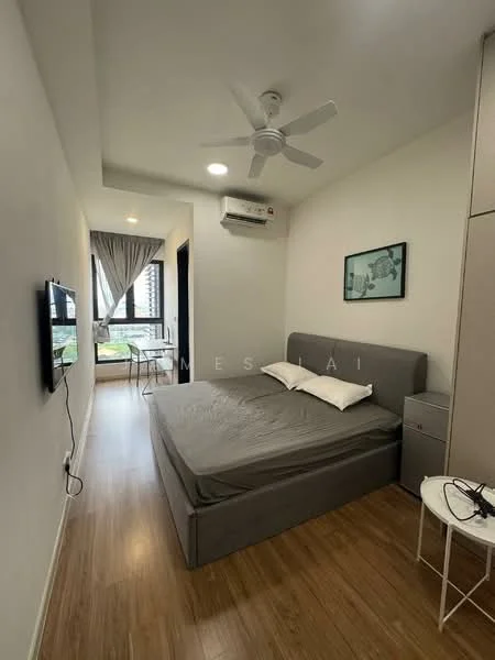 Bedroom features: queen-size bed with grey upholstered frame, 2 white pillows, ceiling fan with 3 blades, wall-mounted TV, wooden flooring, window with sheer curtains, built-in wardrobe, air conditioning unit; style: modern; view: garden.