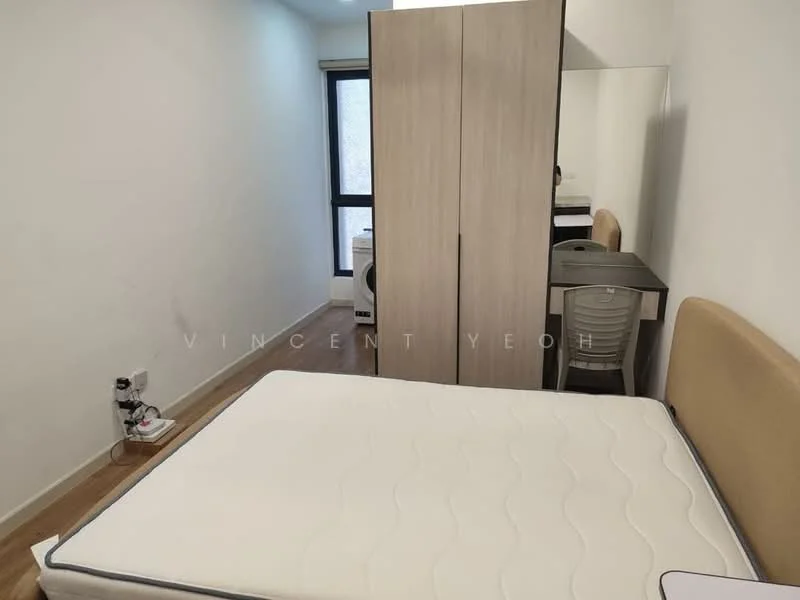 Bedroom features: wooden flooring, white painted walls, queen-size bed frame, upholstered headboard, built-in wardrobe with sliding doors, desk with chair, window with natural light, laundry machine visible; style: modern.