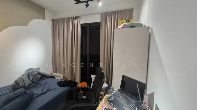Bedroom features: queen-size bed, grey bedding, black office chair, wooden desk, laptop on desk, floor-to-ceiling windows, curtains in beige, light fixture with track lighting, light grey painted walls, wooden wardrobe, scattered items on the floor; style: modern; view: city.