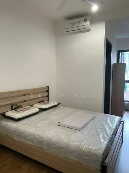 Bedroom features: queen-size bed, wooden bed frame, 2 pillows, air conditioning unit on wall, wooden flooring, white painted walls, window with blinds, bedside table, decorative wall art; style: modern.