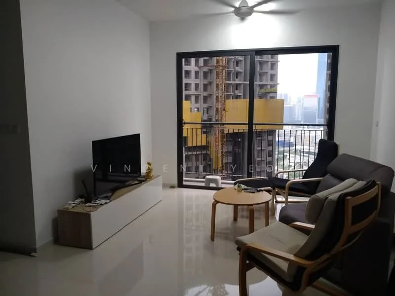 Living features: white painted walls, glossy tile flooring, 5-blade ceiling fan with light, floor-to-ceiling windows, sliding glass door, TV console in white with wooden accents, wall-mounted TV, 2-seater fabric sofa in grey, armchair with wooden frame, round wooden coffee table; style: modern; view: city.