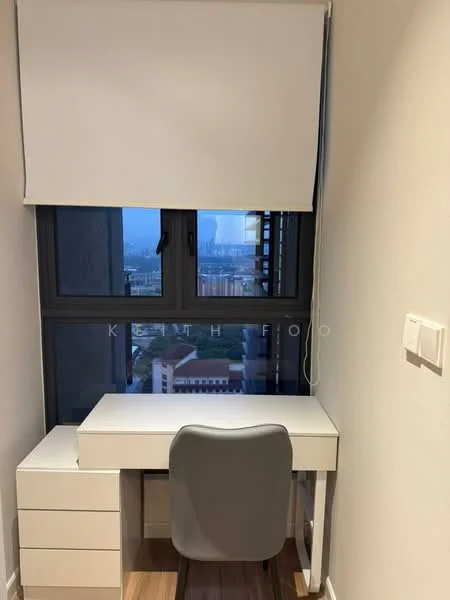 Study features: white desk with drawers, grey chair, floor-to-ceiling window, roller blinds, wooden flooring, city view; style: modern; view: city.