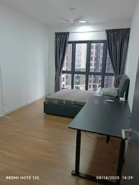 Bedroom features: wooden flooring, white painted walls, floor-to-ceiling windows, grey curtains, queen-size bed, upholstered headboard, study desk, ceiling fan; style: modern; view: city.