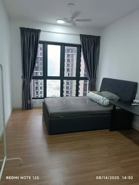 Bedroom features: queen-size bed, upholstered headboard, floor-to-ceiling windows, grey curtains, wooden flooring, ceiling fan, study desk, chair, wall-mounted mirror; style: modern; view: city.