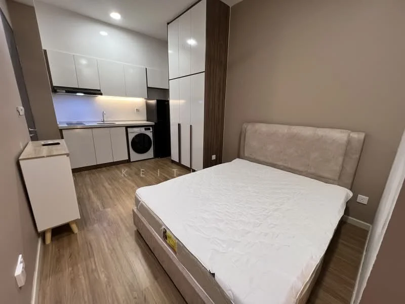 Kitchen features: white cabinetry, black countertop, built-in oven, stainless-steel fridge, washing machine, ceramic tile backsplash, single-bowl stainless-steel sink, chrome pull-down faucet; style: modern. Bedroom features: queen-size bed, upholstered headboard, wooden flooring, wall-mounted light, neutral painted walls; style: modern.