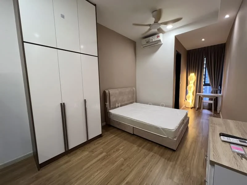 Bedroom features: queen-size bed frame without mattress, built-in wardrobe with white glossy finish, wooden flooring, ceiling fan, wall-mounted air conditioning unit, neutral painted walls, curtains, study desk with chair, table lamp, decorative floor lamp; style: modern.