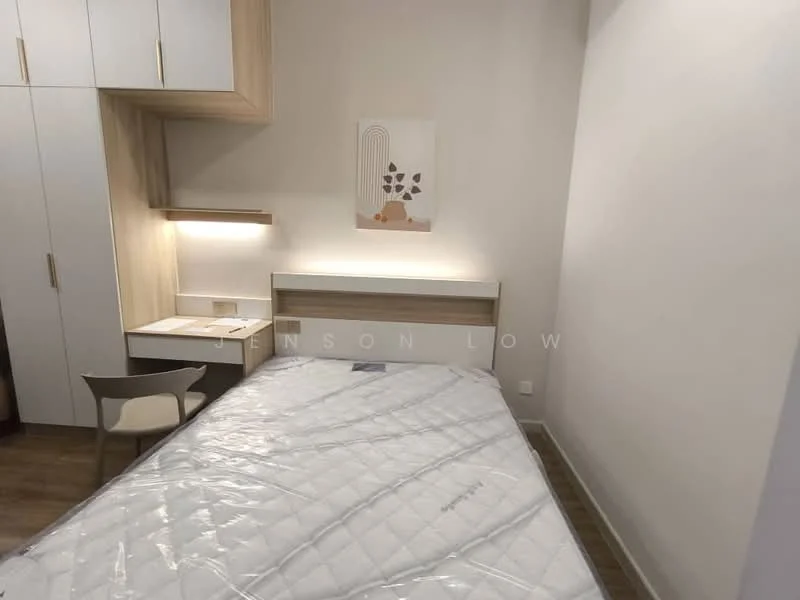 Bedroom features: queen-size bed, wooden headboard, built-in wardrobe with white doors, study desk with lamp, wall-mounted light fixture, decorative wall art, laminate flooring, neutral painted walls; style: modern.