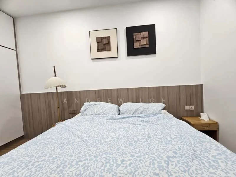 Bedroom features: king-size bed with blue leopard print bedding, wooden bedside table, table lamp with fabric shade, framed artwork on walls, wood paneling on lower wall, white painted walls, built-in wardrobe, laminate flooring; style: modern.