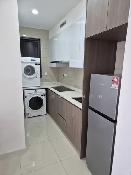 Kitchen features: white high-gloss cabinetry, grey laminate lower cabinets, single-bowl stainless-steel sink, chrome pull-down faucet, built-in stove with hood, white tiled backsplash, ceramic tile flooring, front-load washing machine, dryer, stainless-steel fridge, recessed LED downlights; style: modern.