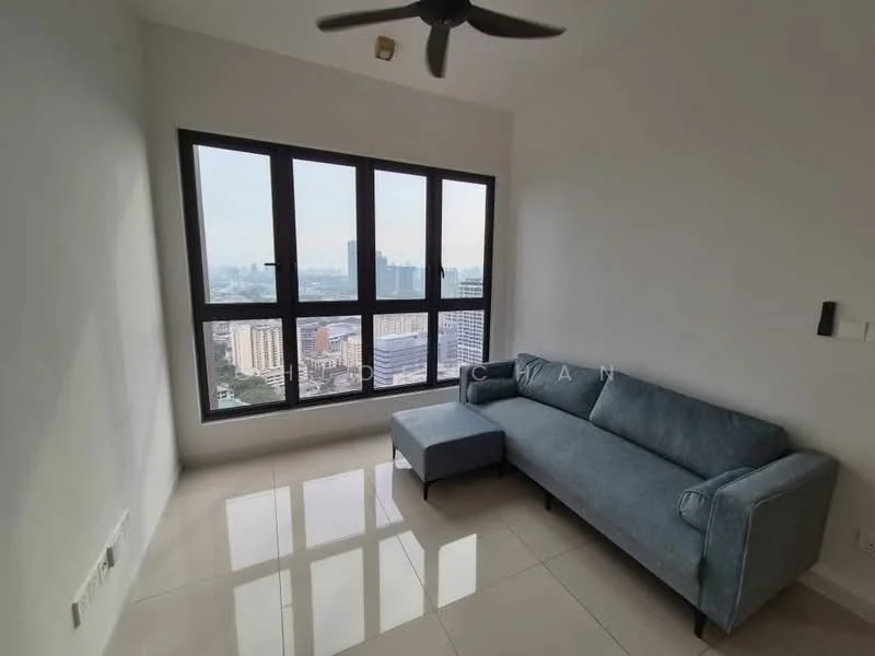 Living features: grey fabric sofa, ottoman, floor-to-ceiling windows, city view, white painted walls, glossy tile flooring, ceiling fan, recessed downlights; style: modern; view: city.