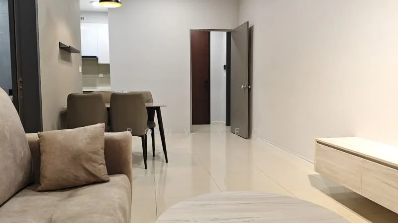 Living features: light beige fabric sofa, coffee table, wall-mounted TV console, glossy tile flooring, neutral painted walls, recessed lighting, dining table with four chairs, open layout to kitchen, doorway leading to hallway; style: modern.