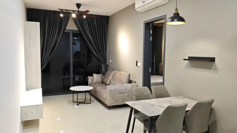 Living features: 3-seater fabric sofa in grey, coffee table, dining table with 4 chairs, wall-mounted TV console, recessed downlights, ceiling fan, floor-to-ceiling windows, curtains, white painted walls, glossy tile flooring, air conditioning unit; style: modern.